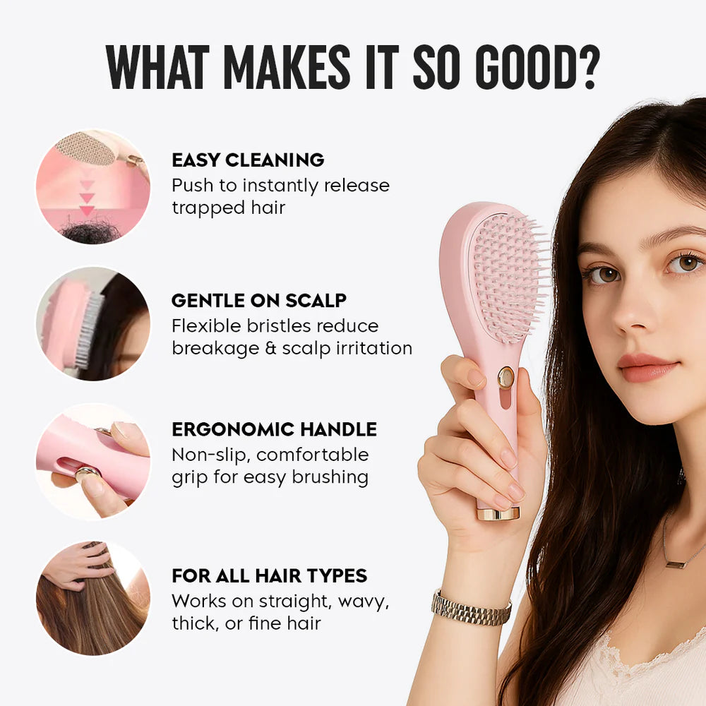 Frizzfree self cleaning hair brush for easy styling, anti-static technology massage comb